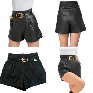 VENUS Black Faux Leather Shorts with Gold Buckle Belt.‎ Size 12